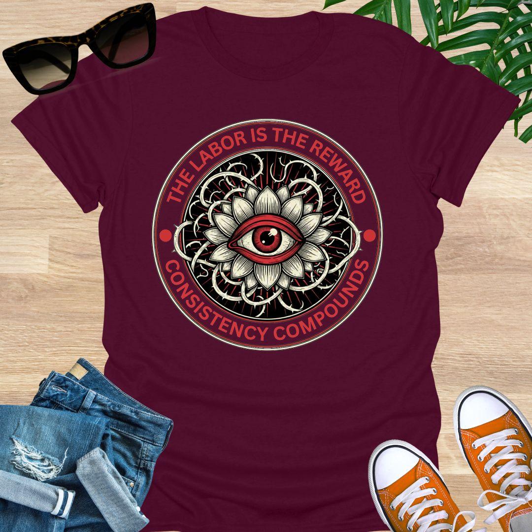 Circular red and black graphic featuring an eye inside a lotus with the words “The Labor Is the Reward – Consistency Compounds” on a maroon t-shirt