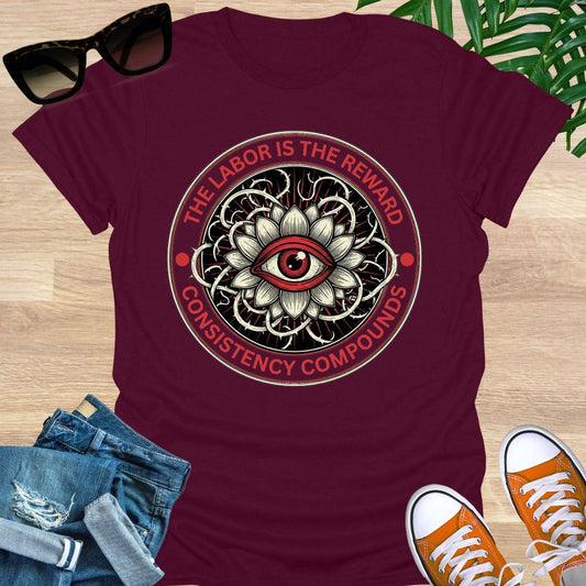 Circular red and black graphic featuring an eye inside a lotus with the words “The Labor Is the Reward – Consistency Compounds” on a maroon t-shirt