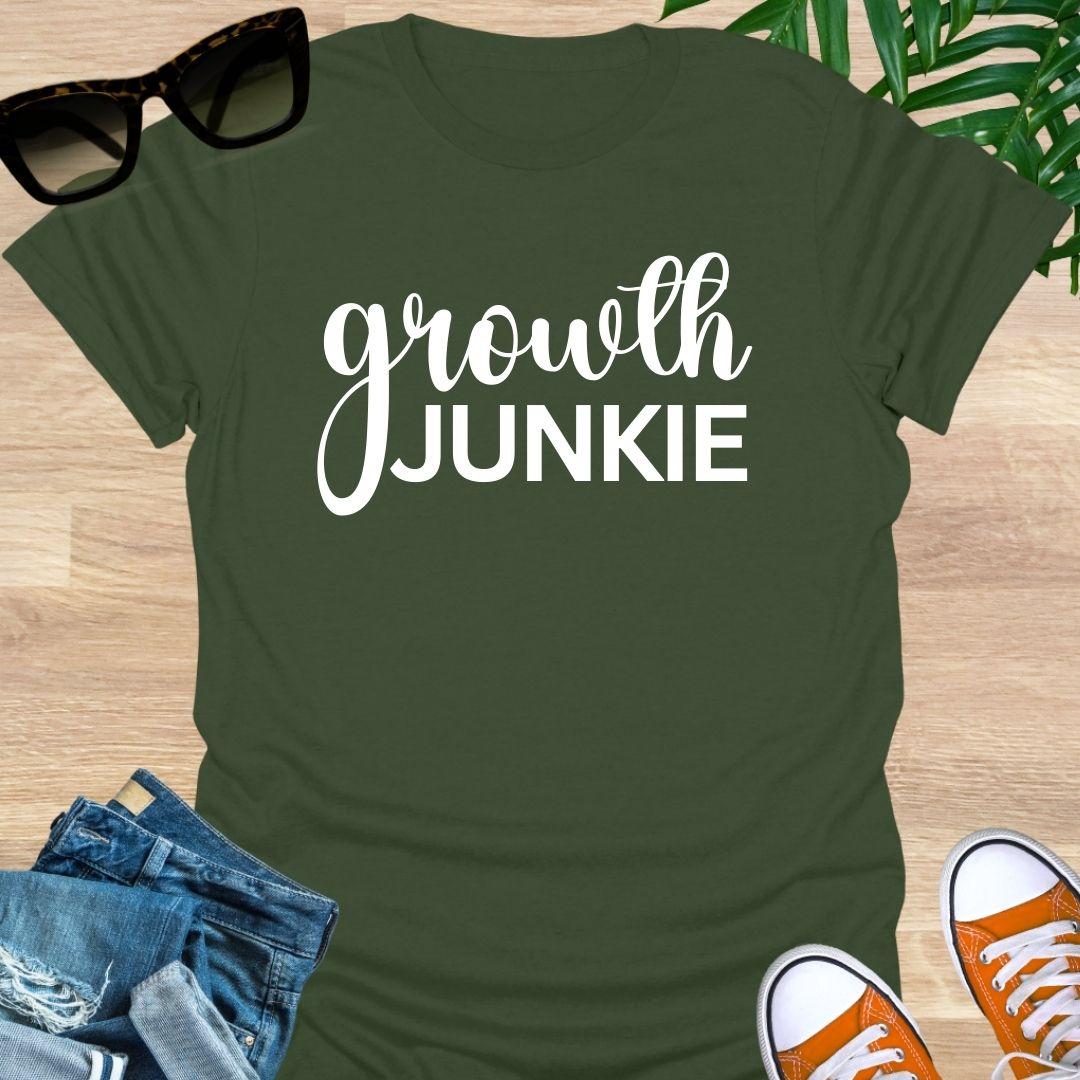 Military Green t-shirt Navy blue t-shirt with Bold “Growth Junkie” white text 