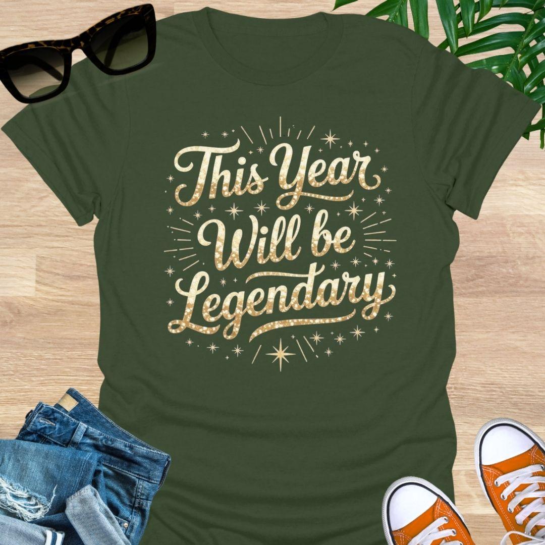 Gold sparkle script “This Year Will Be Legendary” with starbursts on a military green unisex tee.