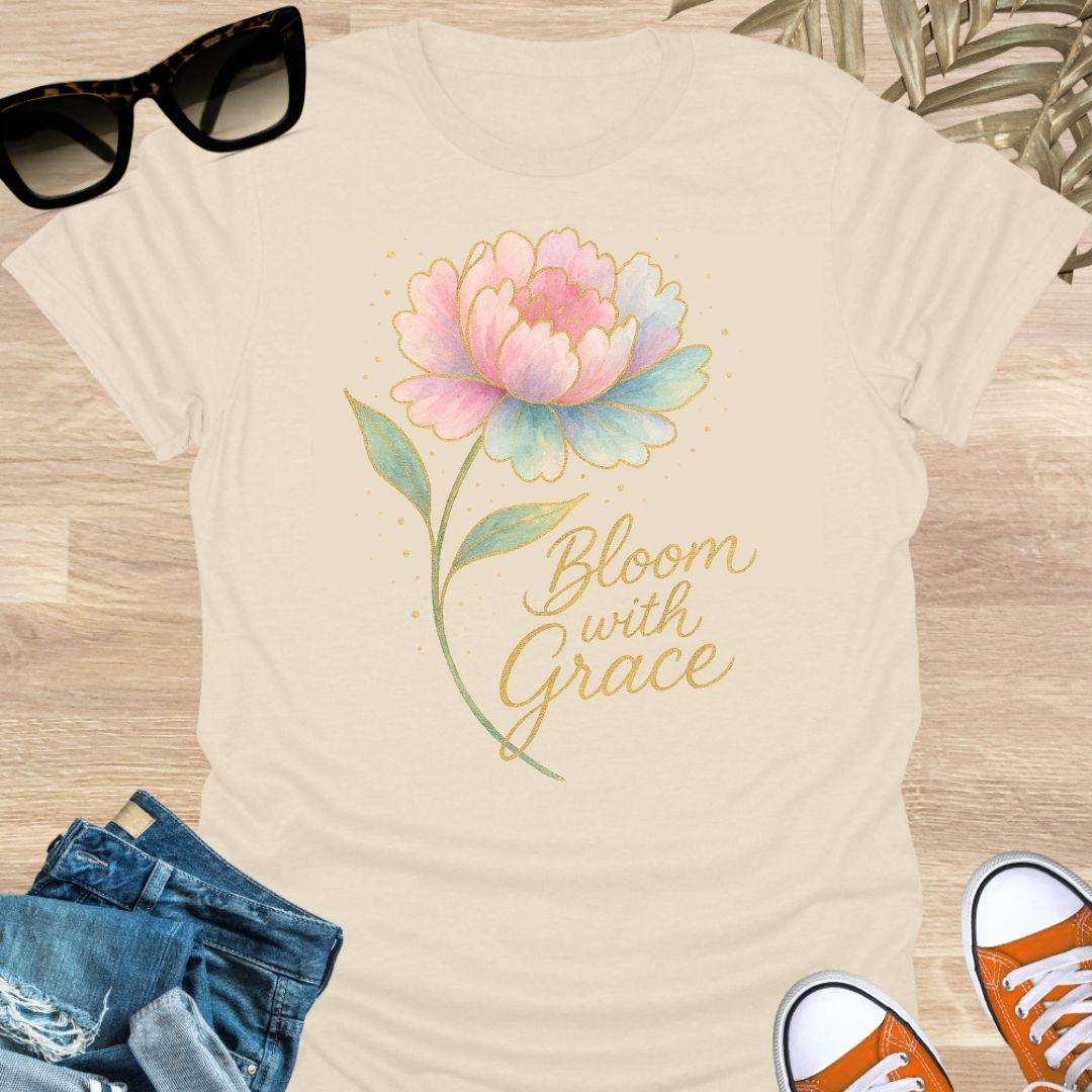 Watercolor floral design with pastel flower and gold text reading “Bloom With Grace.” on an off white unisex tee