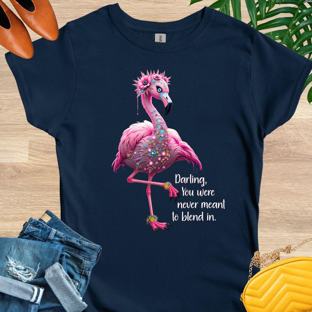 Floral pink flamingo with quote “You were never meant to blend in” on empowerment and confidence on a navy tee