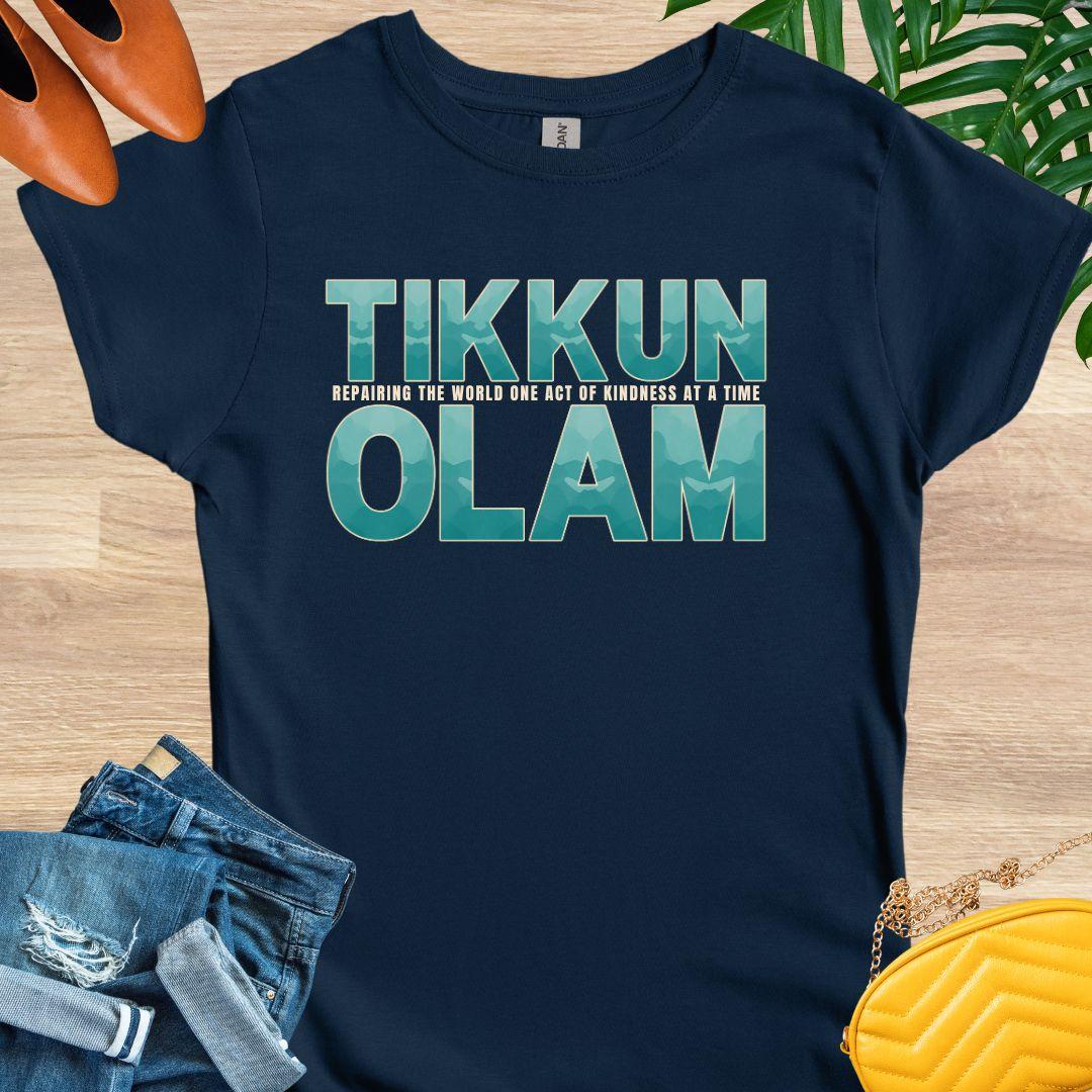“Tikkun Olam” teal text tee with line “repairing the world one act of kindness at a time”; Jewish kindness navy graphic shirt.