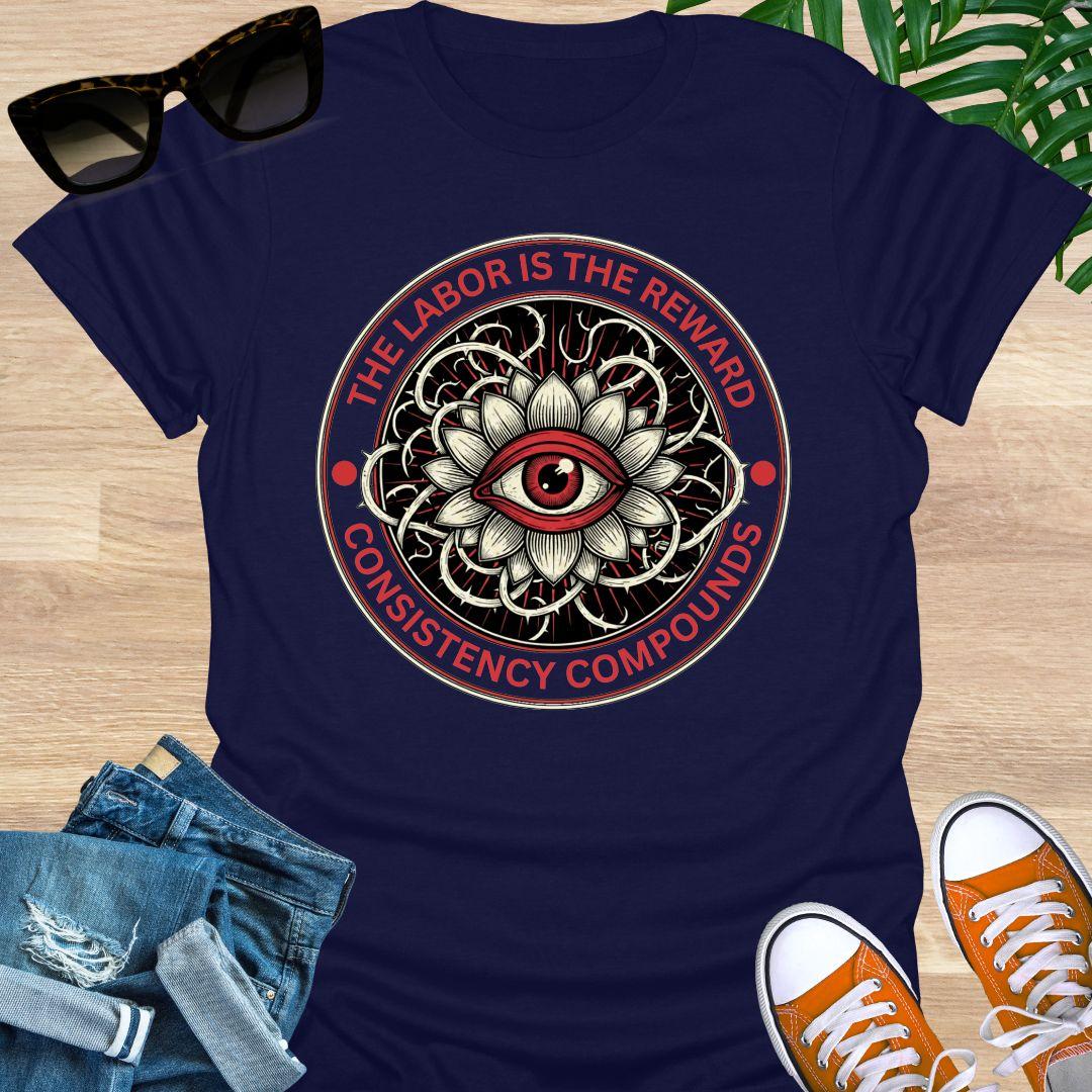 Circular red and black graphic featuring an eye inside a lotus with the words “The Labor Is the Reward – Consistency Compounds” on a navy t-shirt
