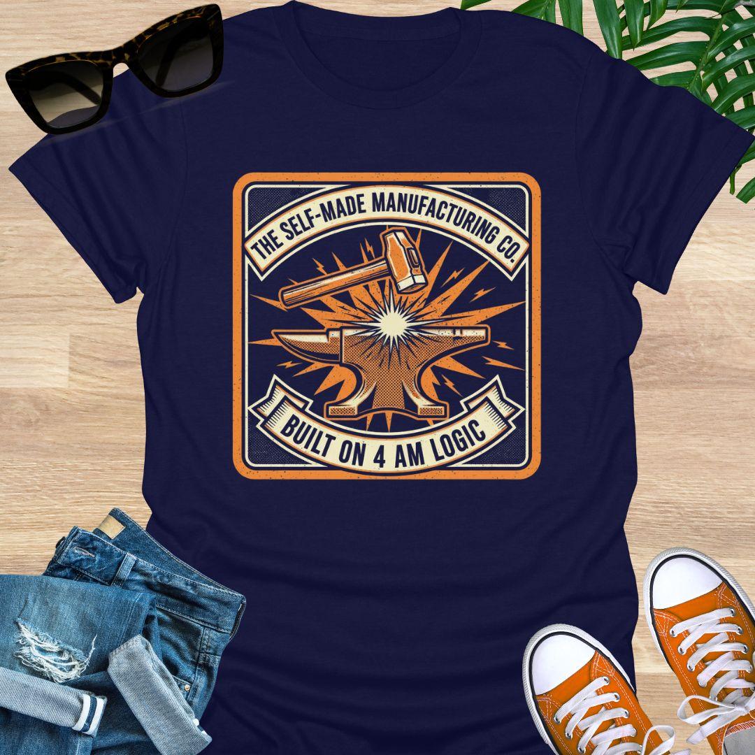 Vintage-style anvil and hammer graphic with the words “The Self-Made Manufacturing Co. – Built on 4 AM Logic” on a navy unisex t-shirt