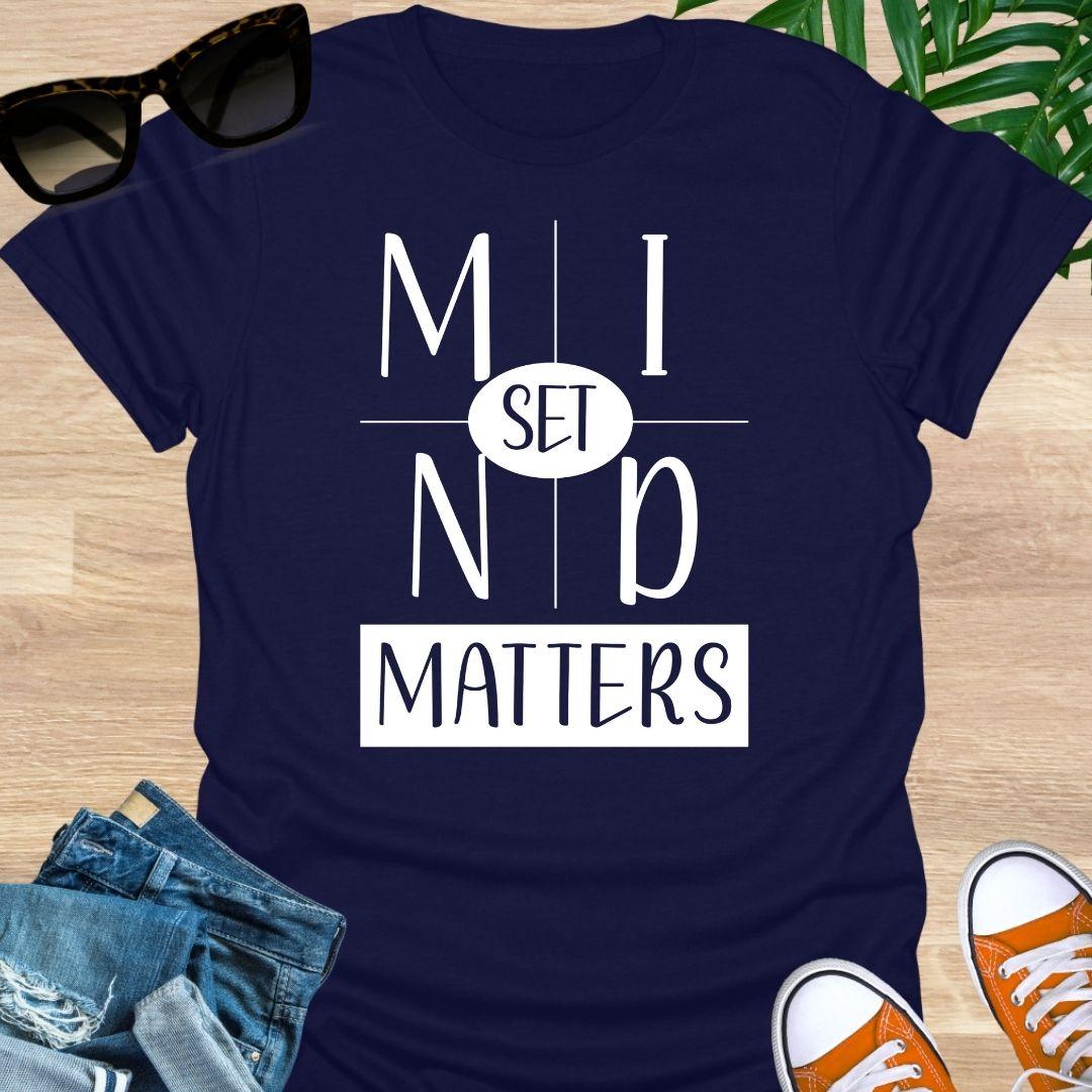 Navy unisex “Mindset Matters” graphic T-shirt with bold white lettering