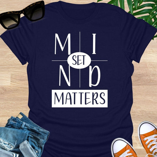 Navy unisex “Mindset Matters” graphic T-shirt with bold white lettering