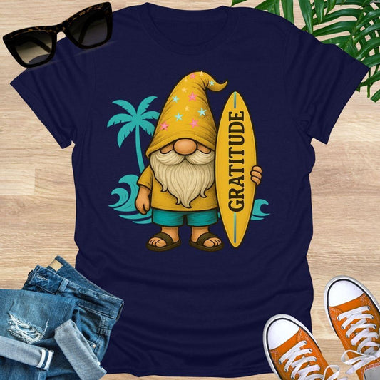 Surfer Gratitude Gnome, Beach Vibes, Unisex T-Shirt