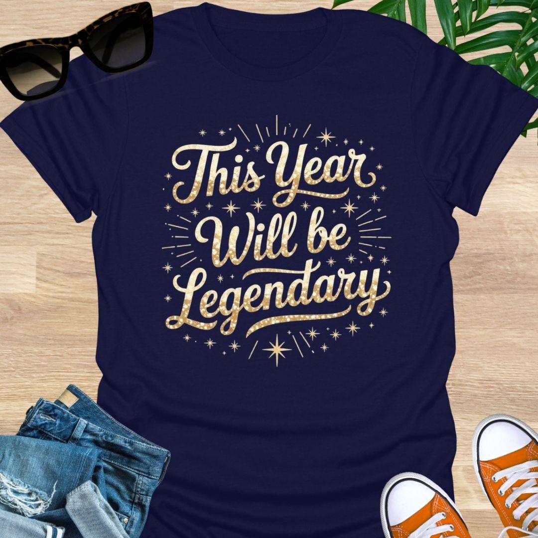 Gold sparkle script “This Year Will Be Legendary” with starbursts on a navy unisex tee.
