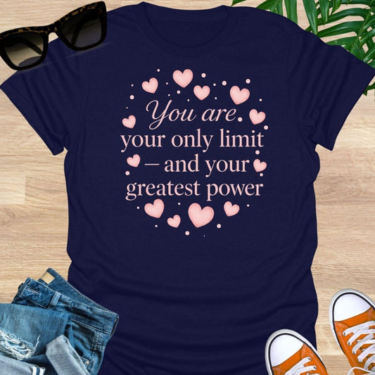 Pink hearts around the quote “You are your only limit—and your greatest power” on a navy unisex tee.