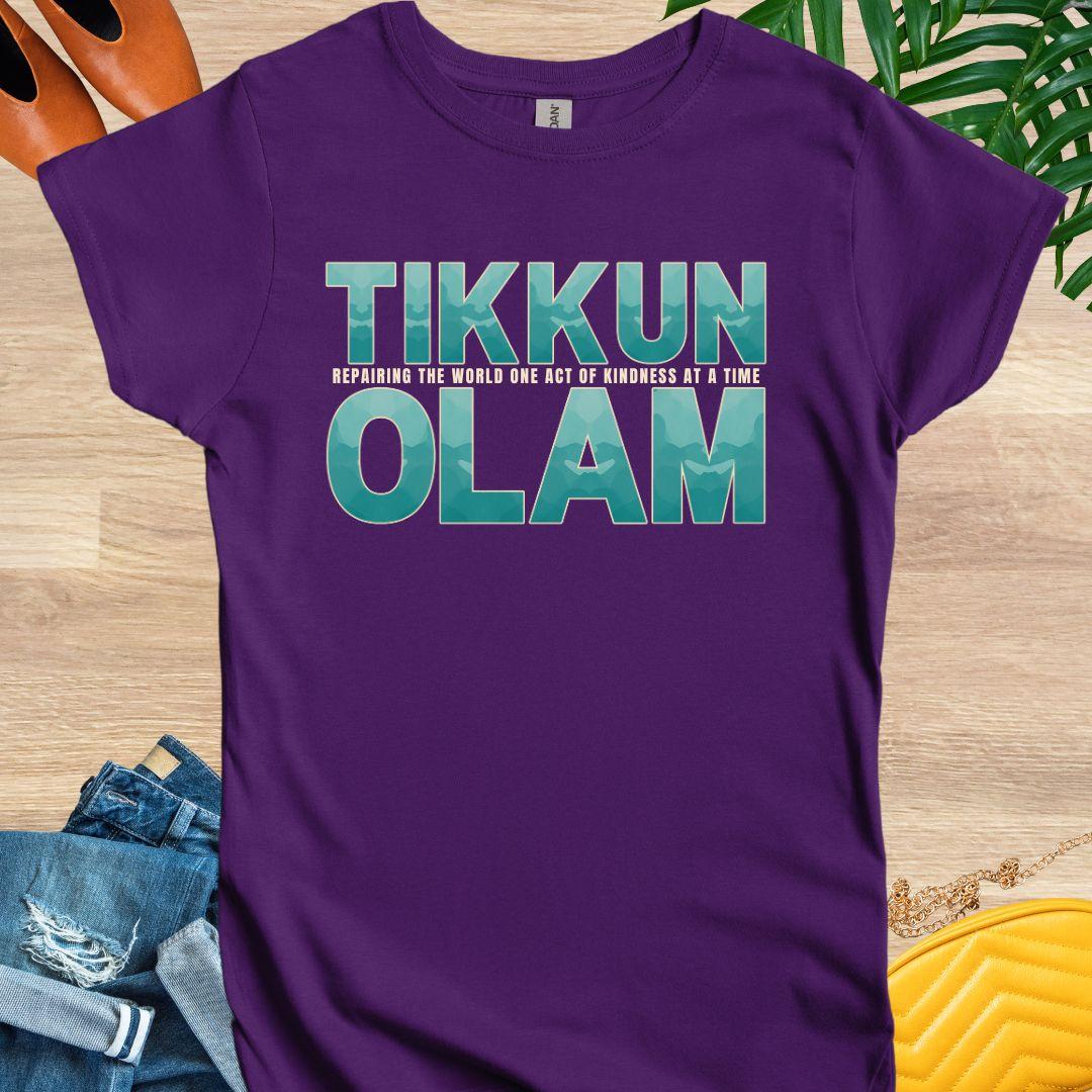 “Tikkun Olam” teal text tee with line “repairing the world one act of kindness at a time”; Jewish kindness purple graphic shirt.