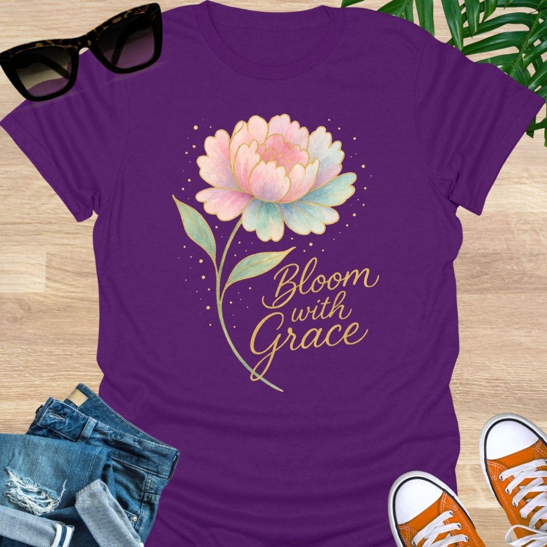 Watercolor floral design with pastel flower and gold text reading “Bloom With Grace.” on a purple unisex tee