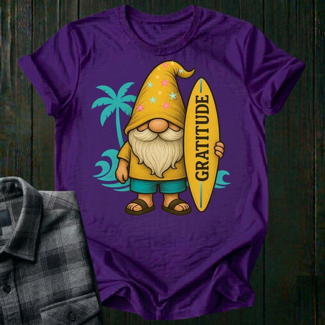 Surfer Gnome with Gratitude Surfboard, Unisex T-Shirt