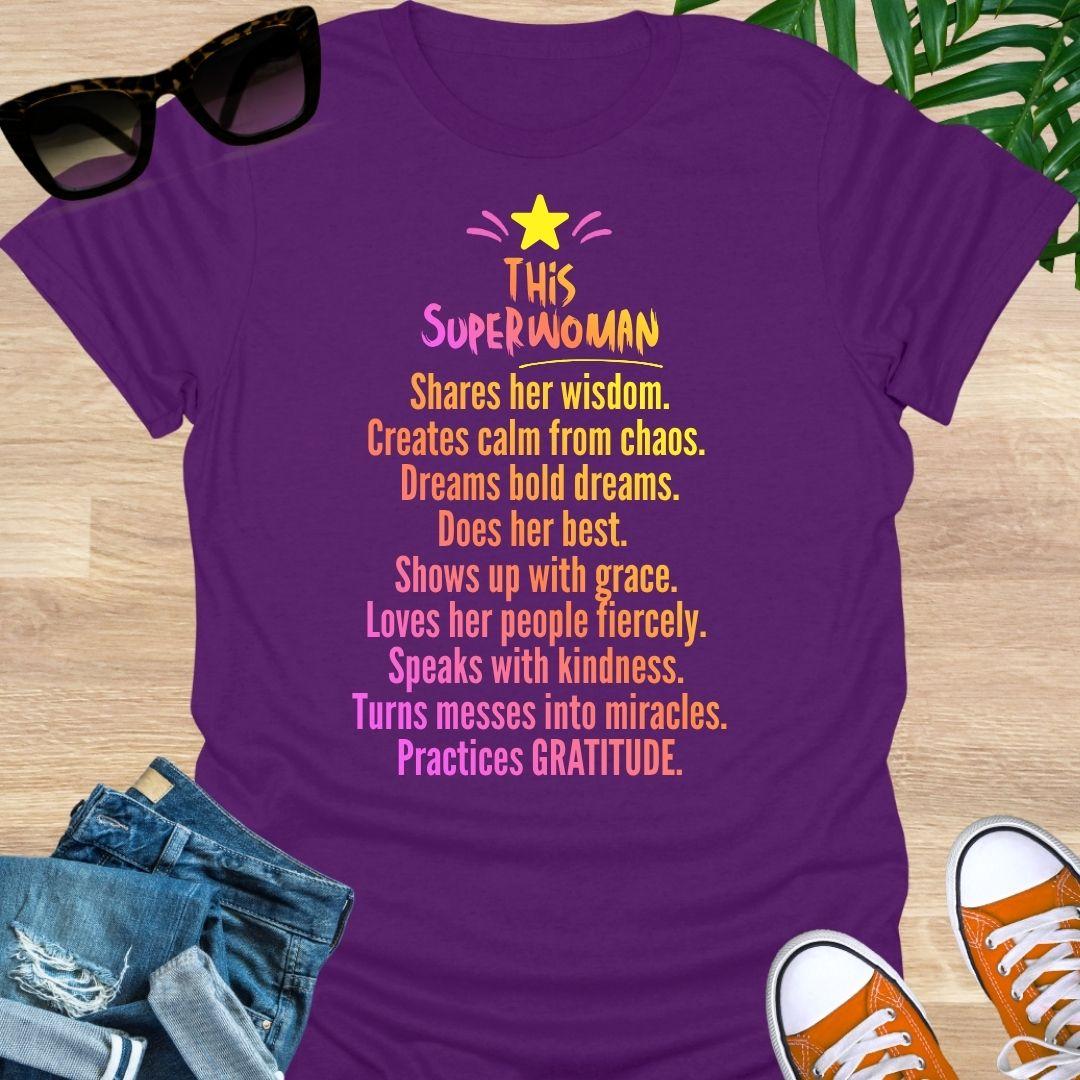 "This Superwoman” rainbow text with star—gratitude quote on purple unisex tee