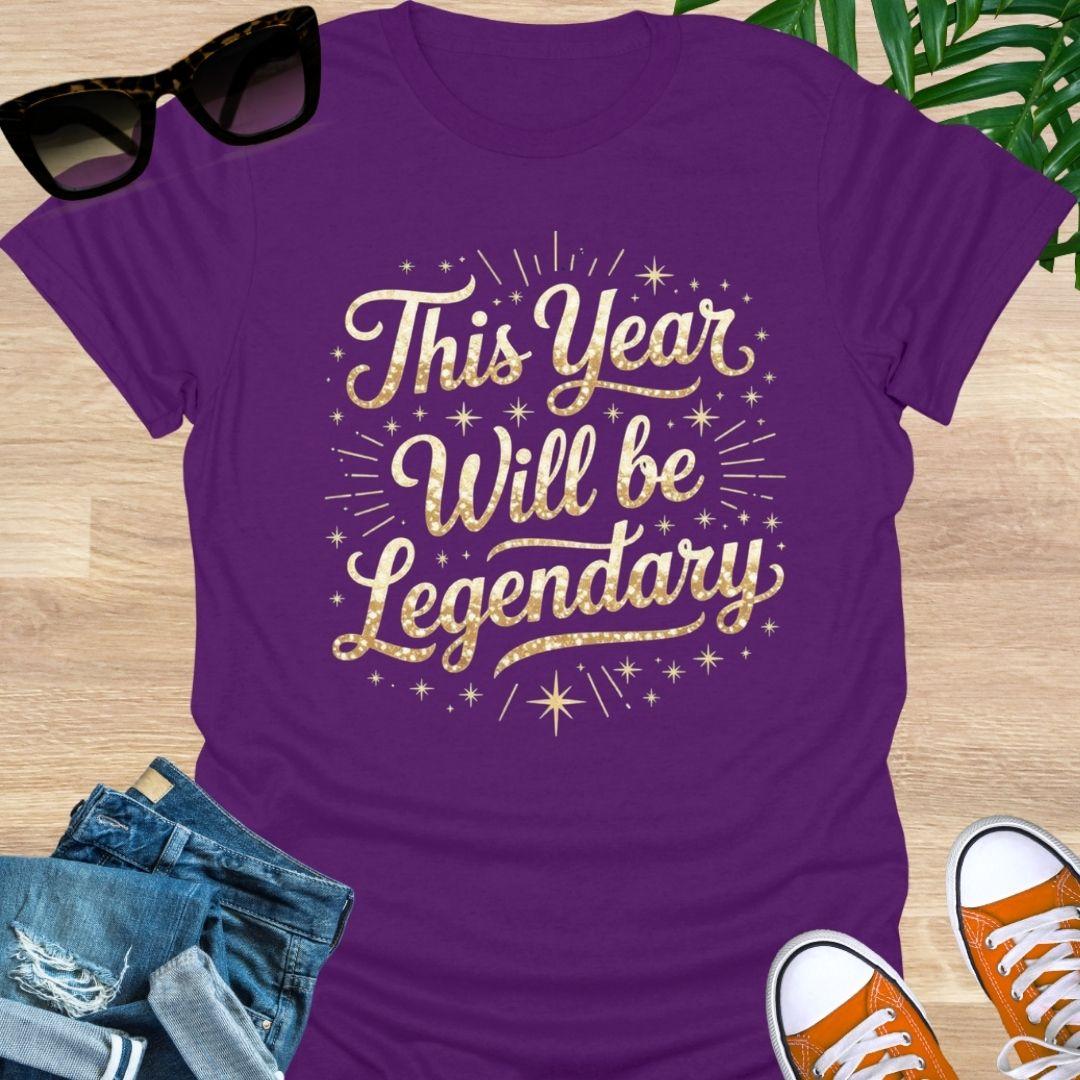 Gold sparkle script “This Year Will Be Legendary” with starbursts on a purple unisex tee.