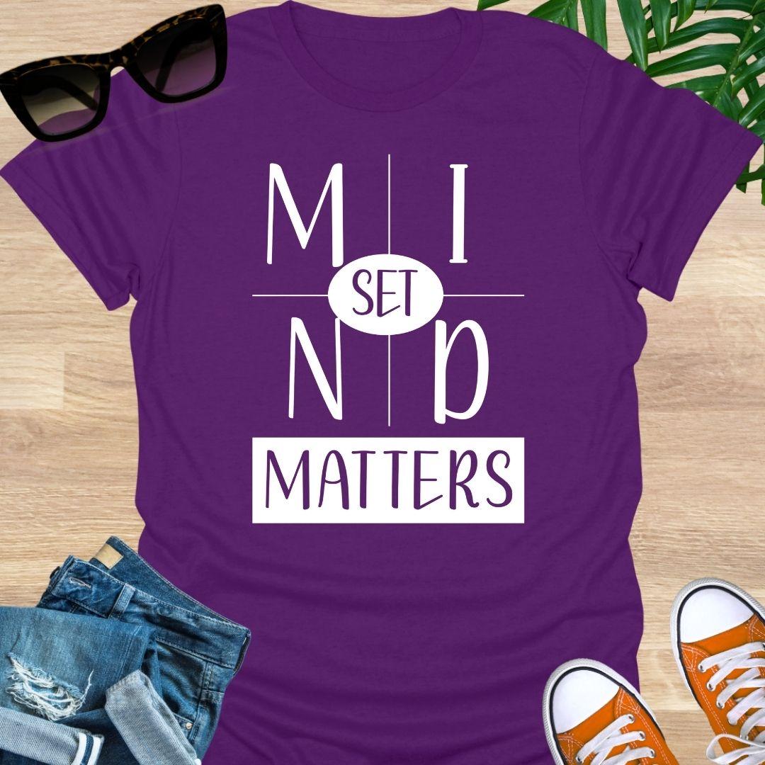 Purple unisex “Mindset Matters” graphic T-shirt with bold white lettering