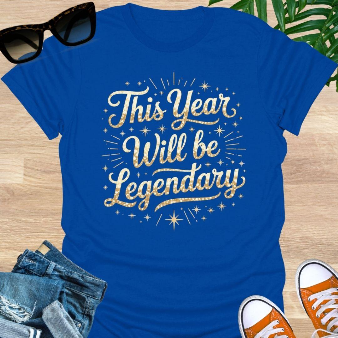 Gold sparkle script “This Year Will Be Legendary” with starbursts on a blue unisex tee.