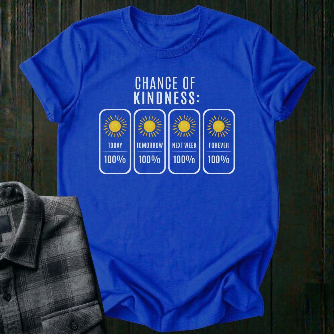 Weather forecast inspired graphic displaying a 100% chance of kindness today, tomorrow, next week, and forever with bright sun icons on a royal tee.