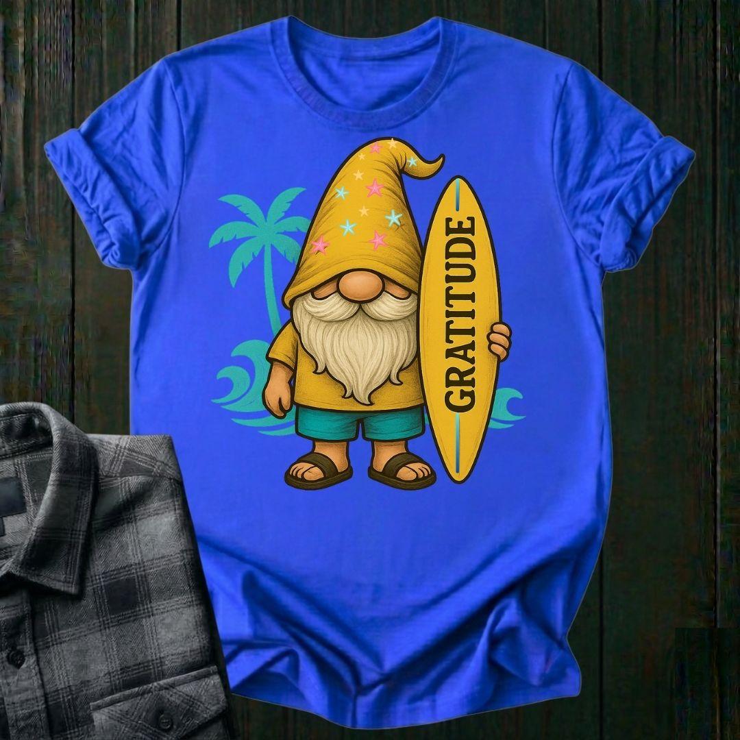 Surfer Gnome with Gratitude Surfboard, Unisex T-Shirt