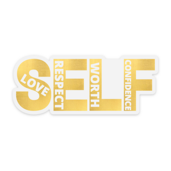 SELF Love, Respect, Worth, Confidence, Vinyl Sticker in Gold with transparent background