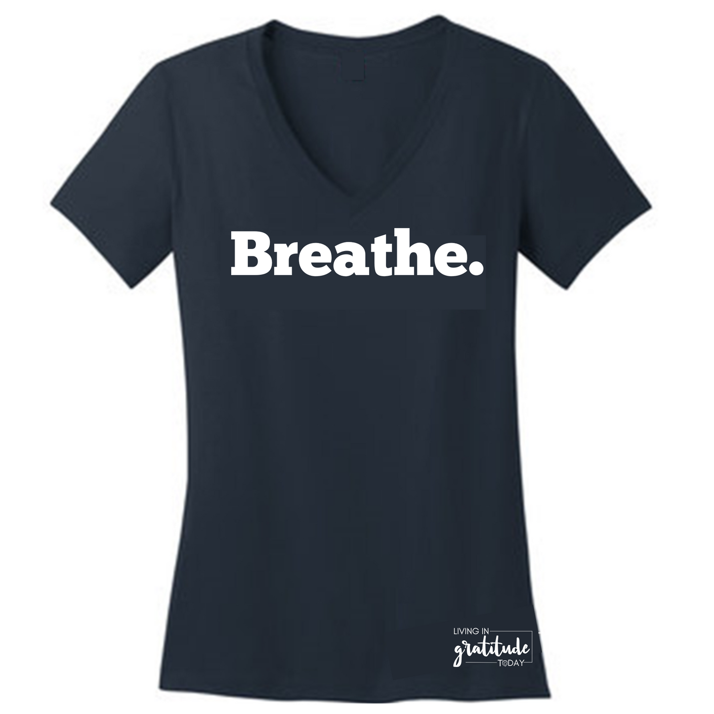 BREATHE V-Neck Black 100% Cotton Woman T-Shirt with White Accents