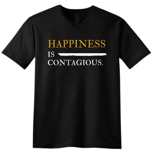 Happiness is Contagious tee black 100% Cotton Man T-Shirt with White & Gold Accents