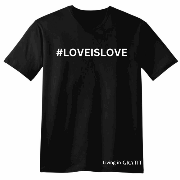 #LOVEISLOVE V-Neck Black 100% Cotton Man T-Shirt with White Accents