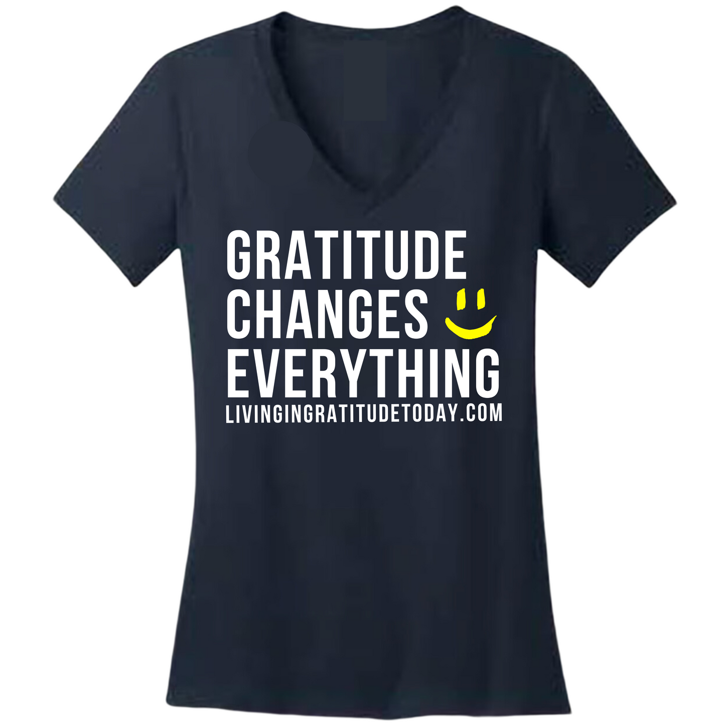 GRATITUDE Changes Everything V-Neck navy 100% Cotton Woman T-Shirt with White & Yellow  Accents