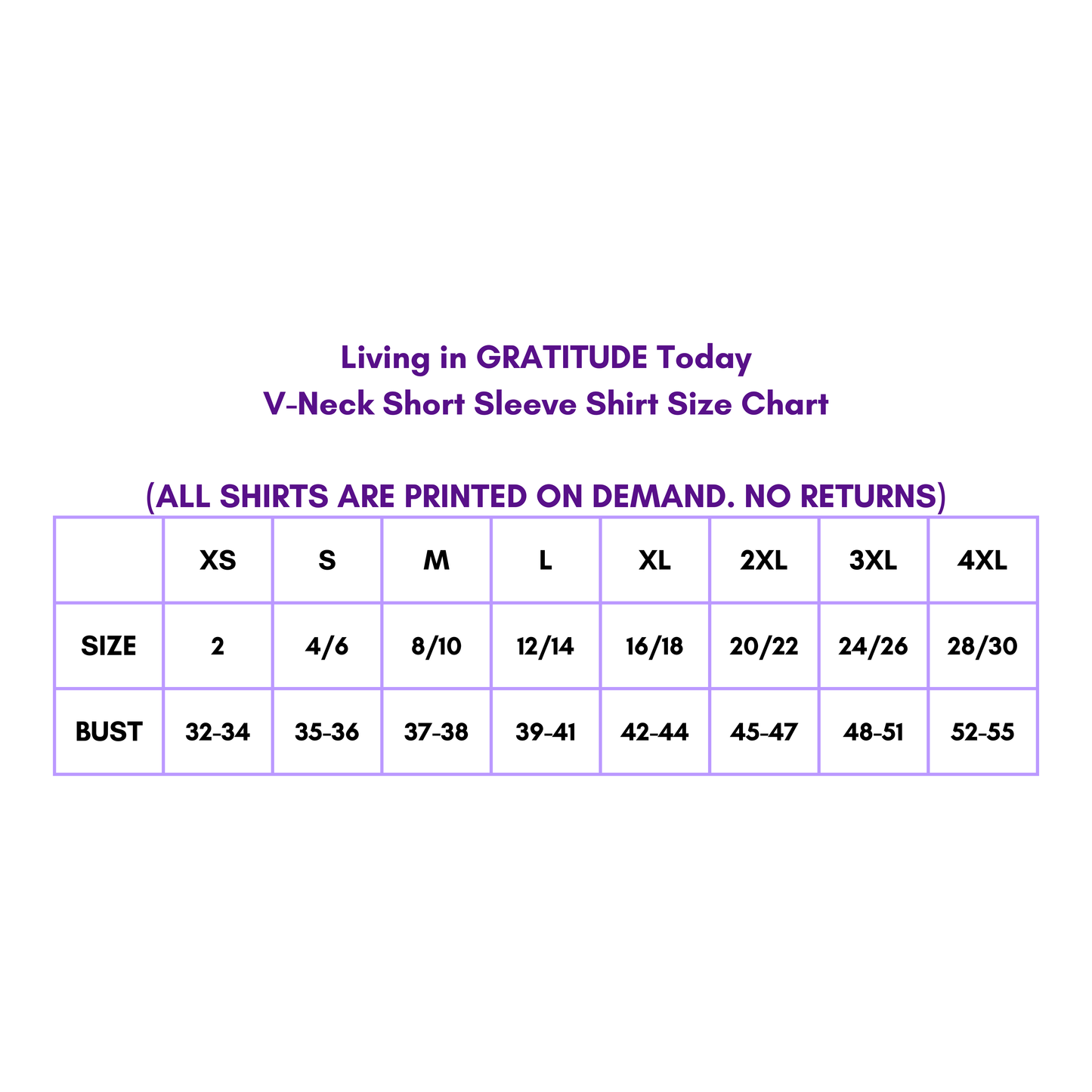 V-Neck Short Sleeve Shirt Size Chart