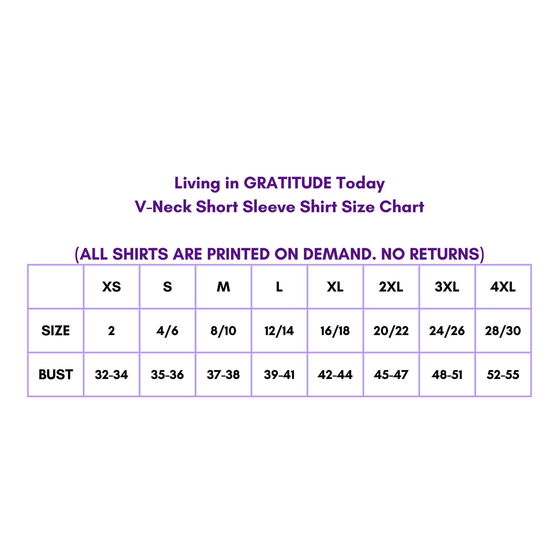 V-Neck Short Sleeve Shirt Size Chart