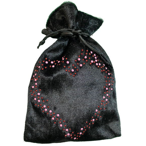 I LOVE You bag Black Velvet Lined in Hot Pink Satin with a Pink and Red Studded Heart