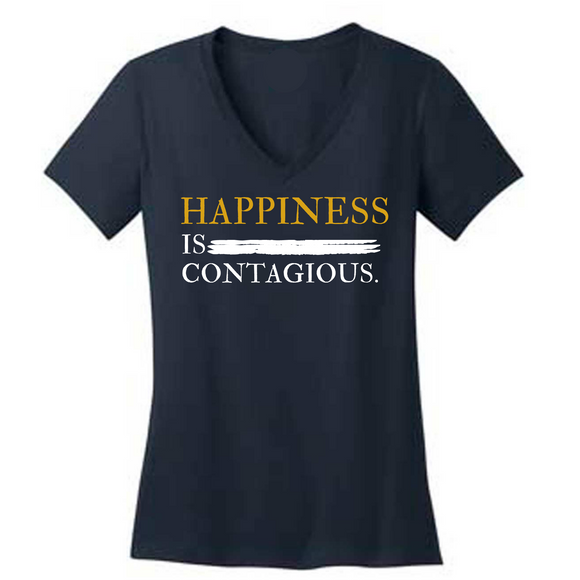 Happiness is Contagious V-Neck black 100% Cotton Woman T-Shirt with White & Gold Accents