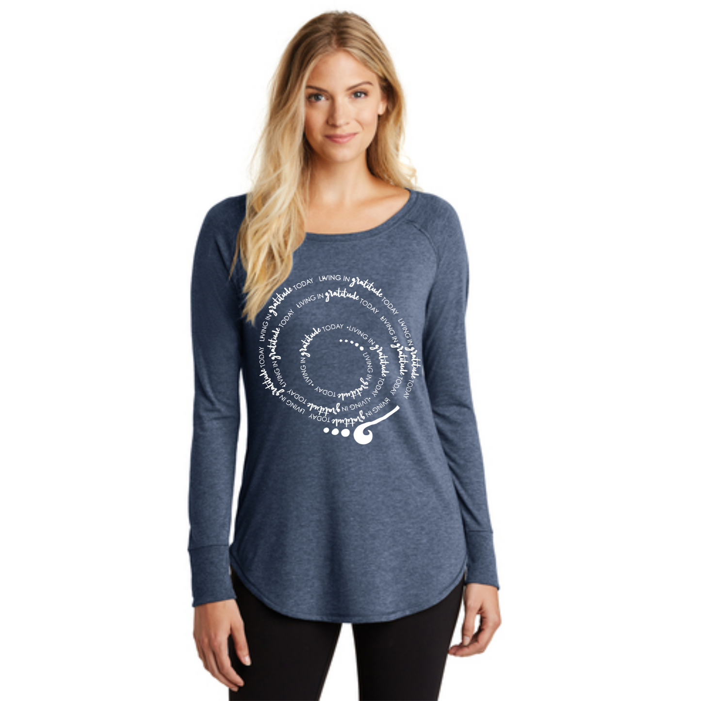 Living in GRATITUDE Today Spiral Long Sleeve Shirt Navy Tri-Blend Woman Tunic Pullover With White Accents