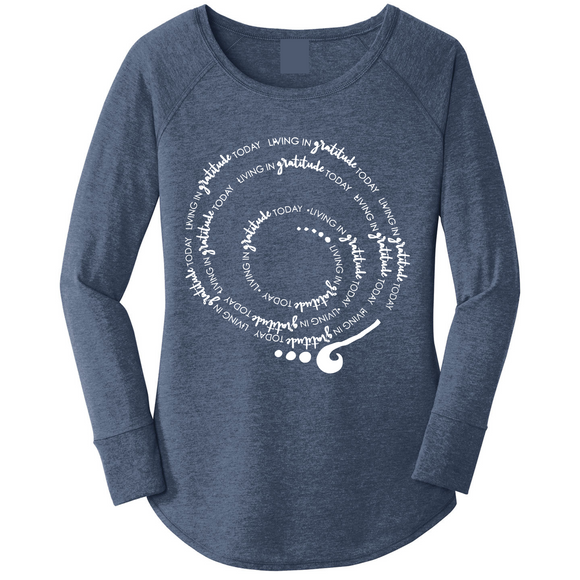 Living in GRATITUDE Today Spiral Long Sleeve Shirt Navy Tri-Blend Woman Tunic Pullover With White Accents