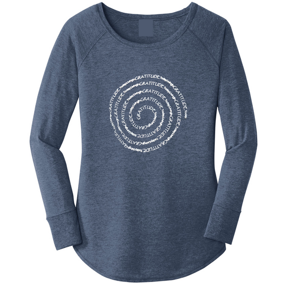 Living in GRATITUDE Today Spiral Long Sleeve Shirt Navy Tri-Blend Woman Tunic With White Accents