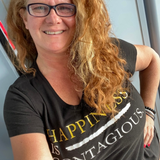 Happiness is Contagious V-Neck black 100% Cotton Woman T-Shirt with White & Gold Accents