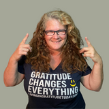 GRATITUDE Changes Everything V-Neck navy 100% Cotton Woman T-Shirt with White & Yellow  Accents