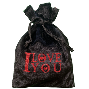 I LOVE You bag Black Velvet Lined in Hot Pink Satin with Glittery Red Block Letters & Hearts