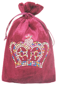 Gratitude bag Burgundy velvet, lined in pink satin, with a Rhinestone Crown