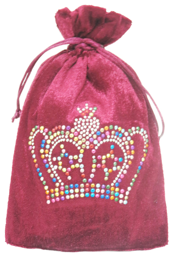 Gratitude bag Burgundy velvet, lined in pink satin, with a Rhinestone Crown