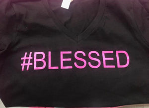 BLESSED v neck, black shirt with Pink writing 100% Cotton Shirt, Woman