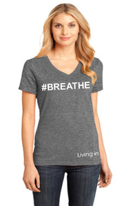 #BREATHE V-Neck Gray 100% Cotton Woman T-Shirt with White Accents
