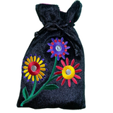Gratitude bag Black velvet, Satin Pink Lining, Purple, Yellow, Red Flowers