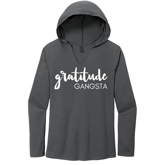 GRATITUDE Gangsta Hoodie Charcoal Grey Tri-Blend, Woman Pullover with White Accents