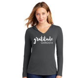 GRATITUDE Gangsta Hoodie Charcoal Grey Tri-Blend, Woman Pullover with White Accents