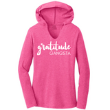 GRATITUDE Gangsta Hoodie Pink Tri Blend, Woman Hoodie with White Accents
