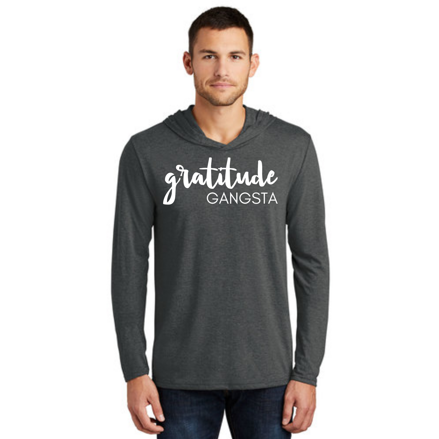 GRATITUDE Gangsta Hoodie Charcoal Tri Blend, Man Hoodie with White Accents