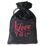 I LOVE You bag Black Velvet Lined in Hot Pink Satin with Glittery Red scripted Accents