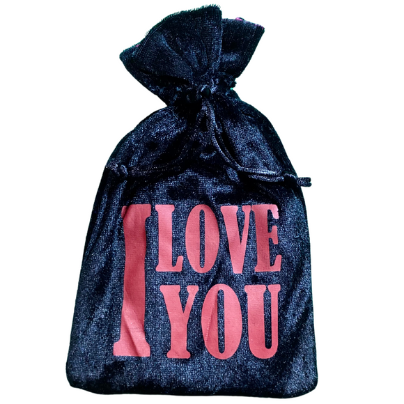 I LOVE You bag Black Velvet Lined in Hot Pink Satin with Matte Red Accents