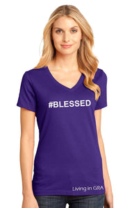 #BLESSED V-Neck Purple 100% Cotton Woman T-Shirt with White Accents